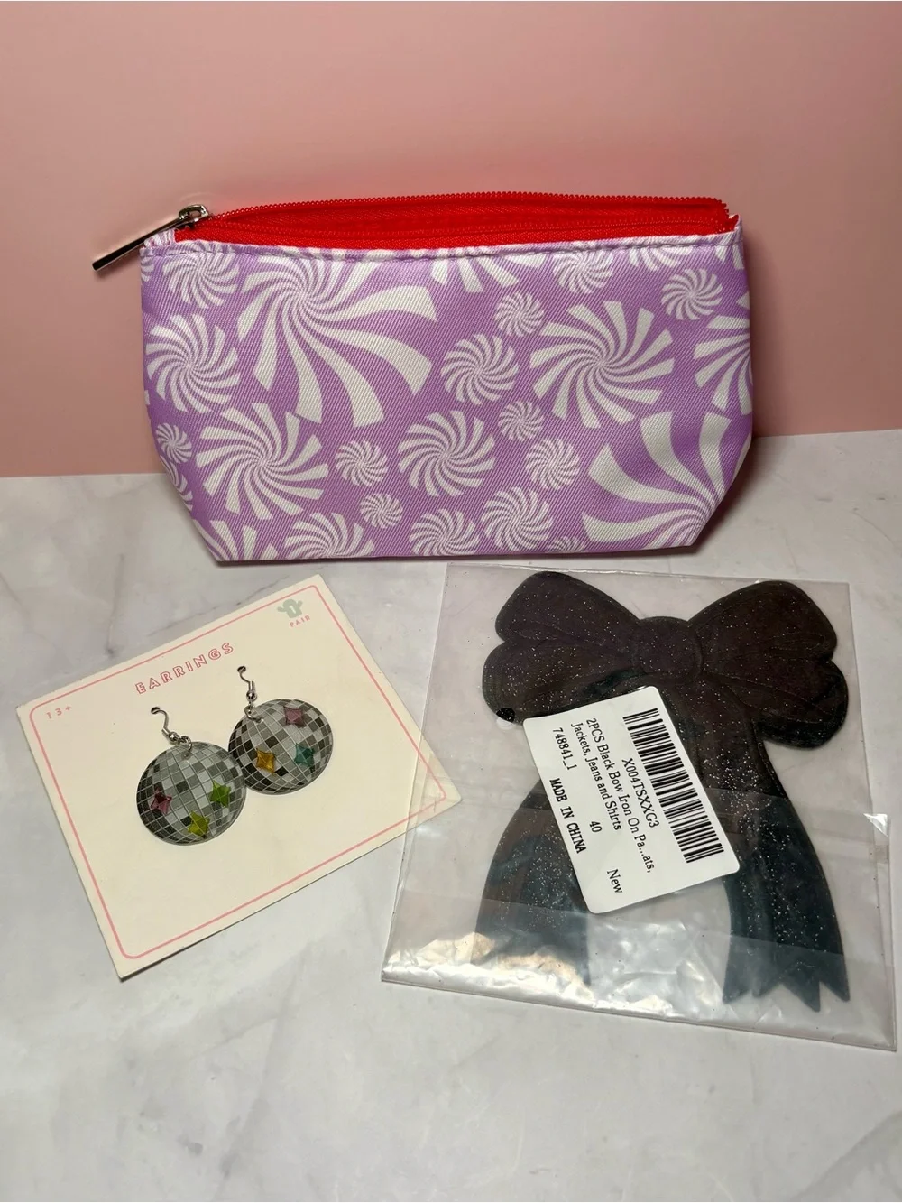 🪩 Lilac Swirl Cosmetic Pouch, Iron-On Bow Patches & Disco Ball Earrings